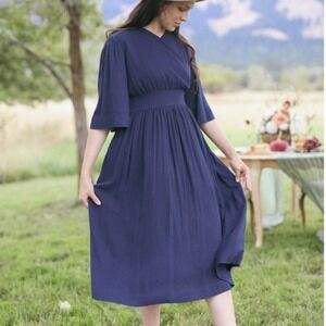 Dainty Jewells On a Whim Dress Navy Blue Linen Blend Modest Midi XL NWT